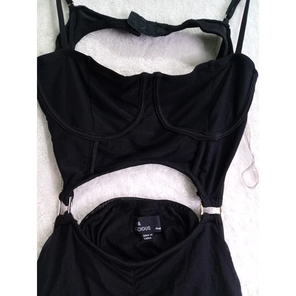 Hot‎ & Delicious Black Ruched Mesh Cutout Corset Bodycon Mini Dress Ring L (132)